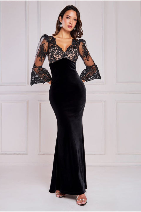 Lace Top Single Sleeve Prom Dresses Black Long Formal Dress with Hight –  SheerGirl
